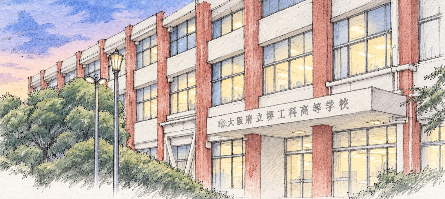 夕方の大阪府立堺工科高等学校の校舎
