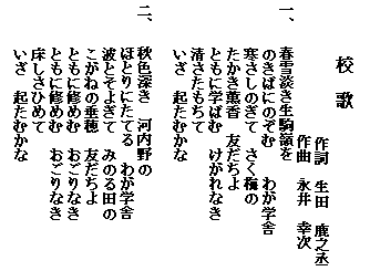 テキスト ボックス: 校　歌
作詞　生田　鹿之丞　
作曲　永井　幸次
一、　春雪淡き生駒嶺を
のきばにのぞむ　　わが学舎
寒さしのぎて　さく梅の
たかき薫香　友だちよ
ともに学ばむ　けがれなき
清さたもちて
いざ　起たむかな

二、　秋色深き　河内野の
　　　ほとりにたてる　わが学舎
波とそよぎて　みのる田の
こがねの垂穂　友だちよ
ともに修めむ　おごりなき
ともに修めむ　おごりなき
床しさひめて
いざ　起たむかな

